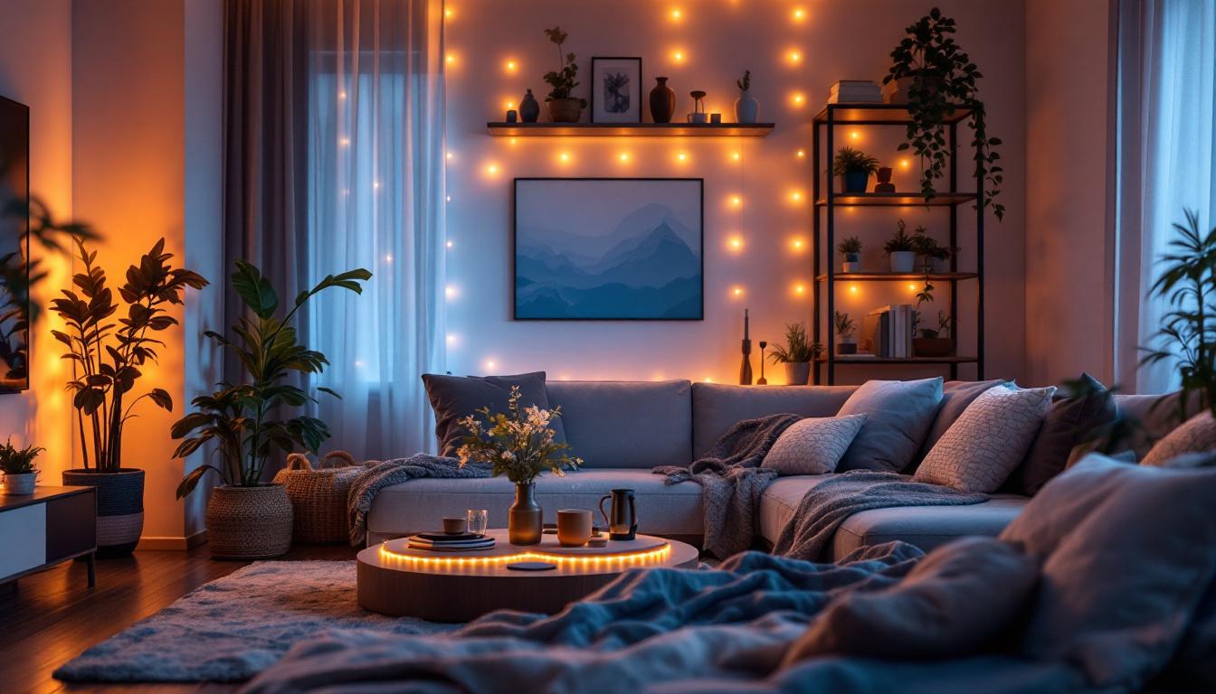 A photograph of a beautifully arranged scene showcasing portable led strip lights illuminating a cozy