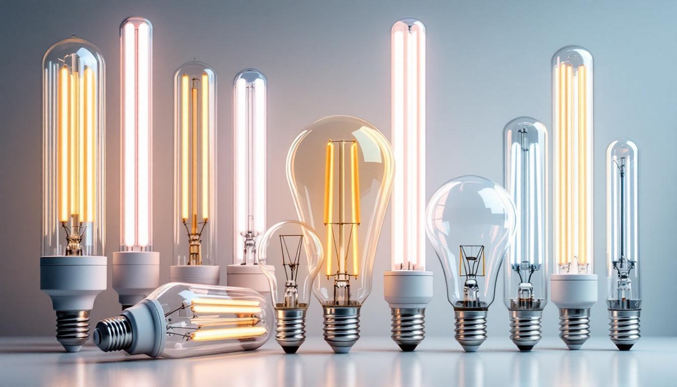 A photograph of a variety of 4 ft fluorescent light bulbs displayed together