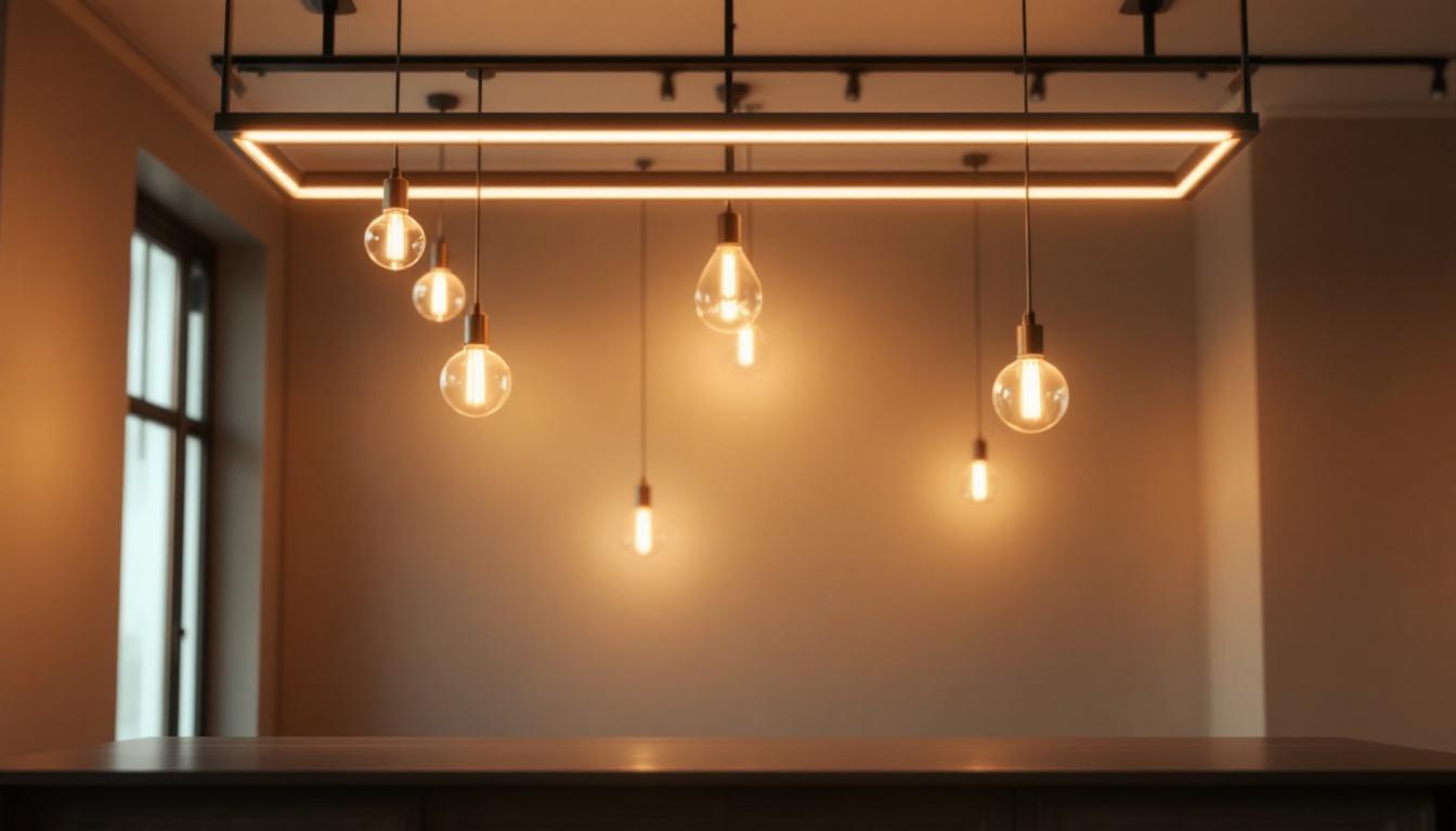 A photograph of a well-lit interior space featuring long