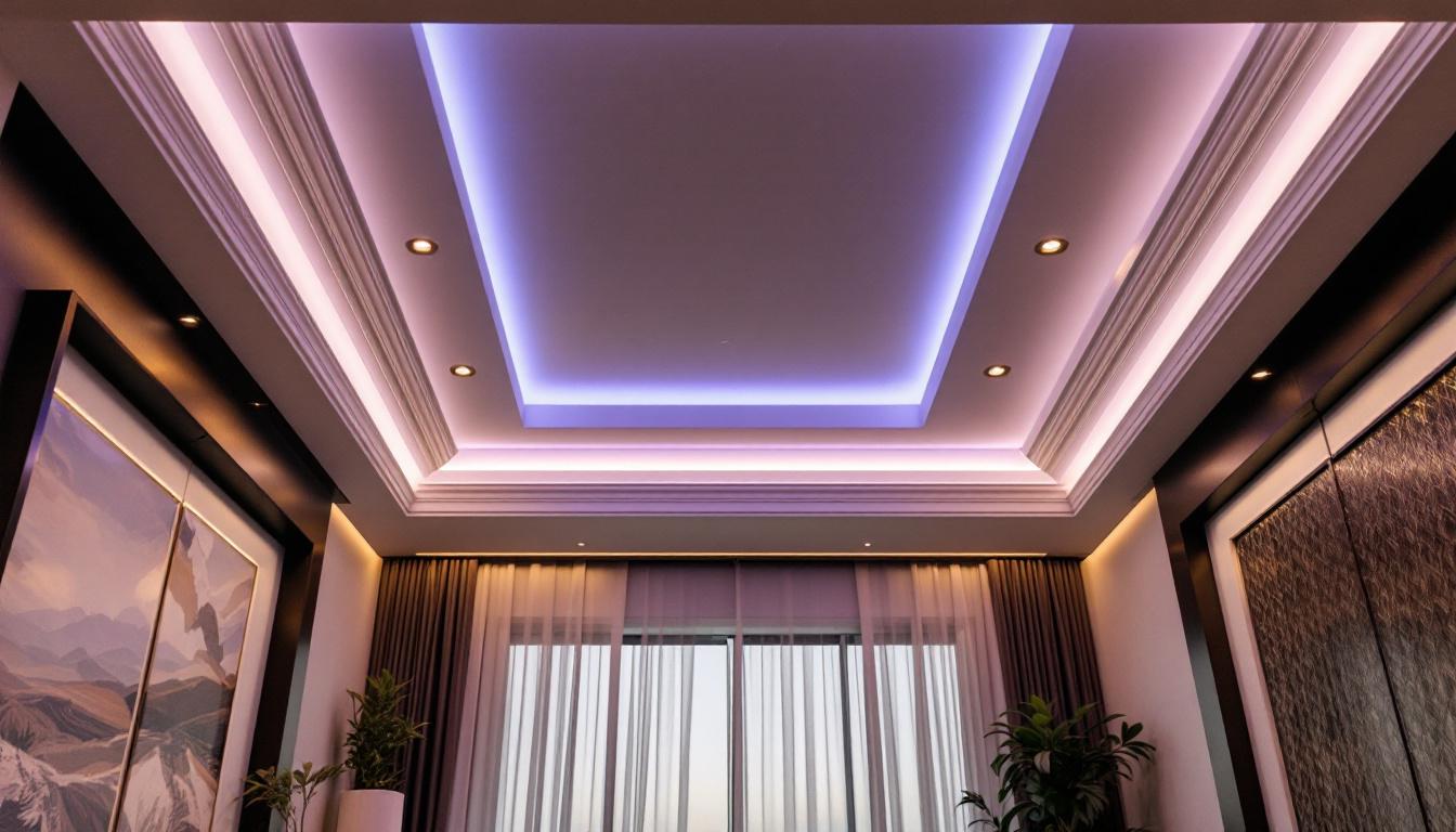 A photograph of a beautifully designed tray ceiling with integrated lighting