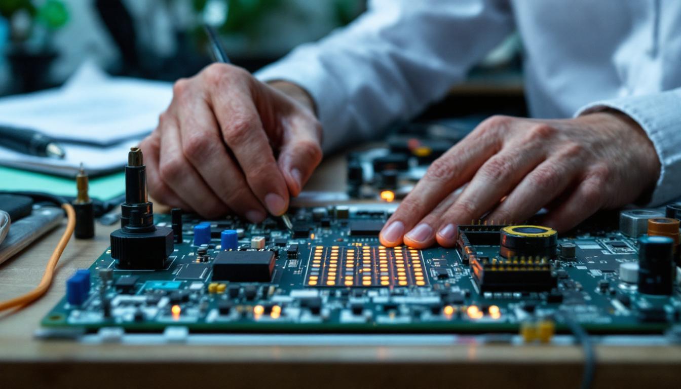 A photograph of a well-organized workspace featuring an electrical engineer assembling or testing surface-mounted leds on a circuit board