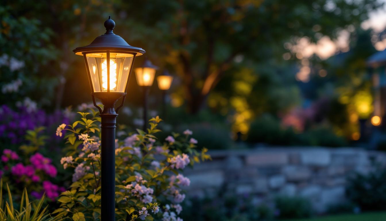 A photograph of a beautifully designed backyard light post illuminated at dusk