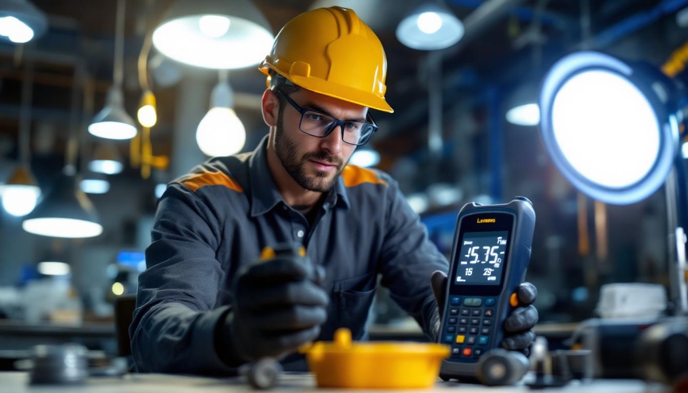A photograph of a skilled electrical engineer analyzing lighting designs