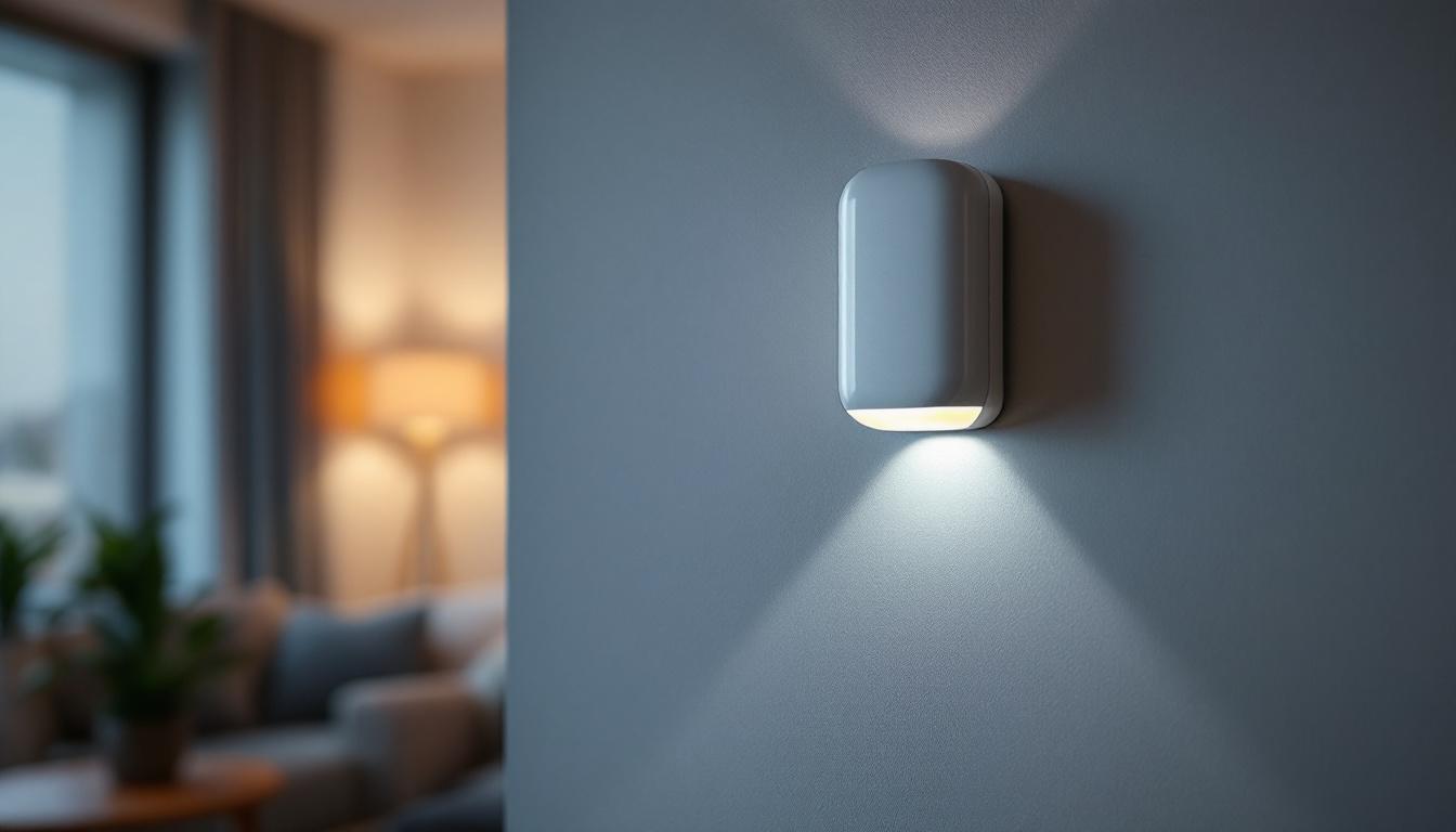 A photograph of a sleek ultrasonic motion sensor installed in a modern lighting setup
