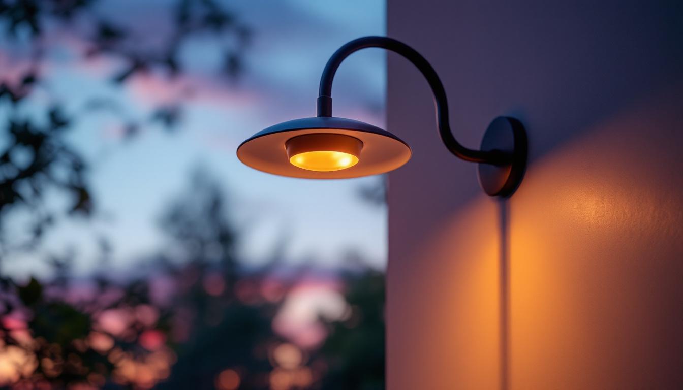 A photograph of a stylish outdoor modern light fixture illuminated at dusk