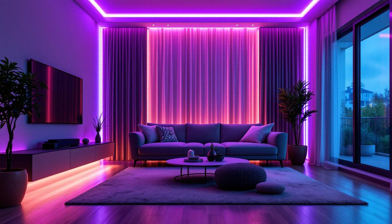 A photograph of a vibrant 16-foot led strip elegantly illuminating a modern living space