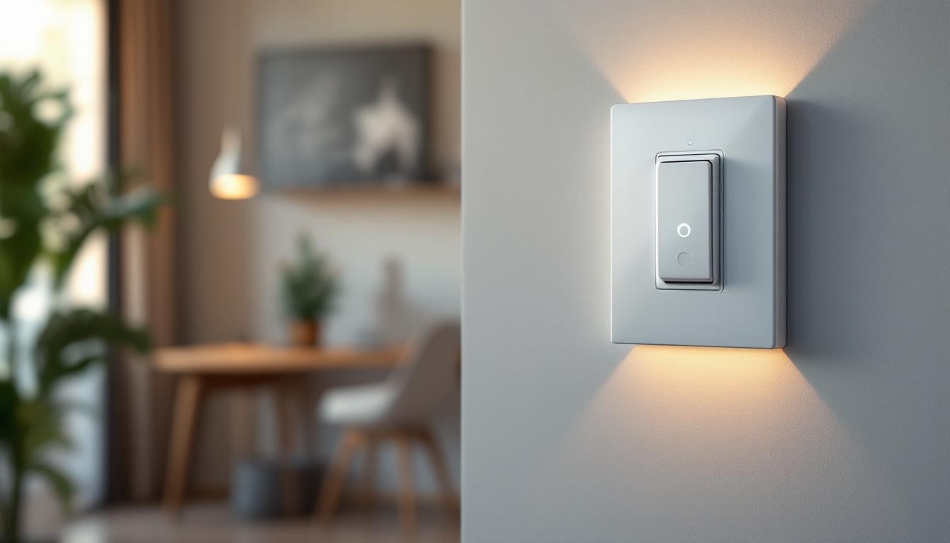 A photograph of a wall-mounted motion sensor switch in a modern home setting