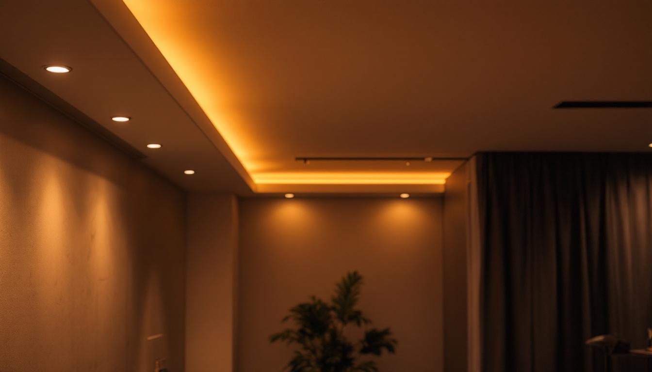 A photograph of a modern interior space showcasing recessed lighting in action