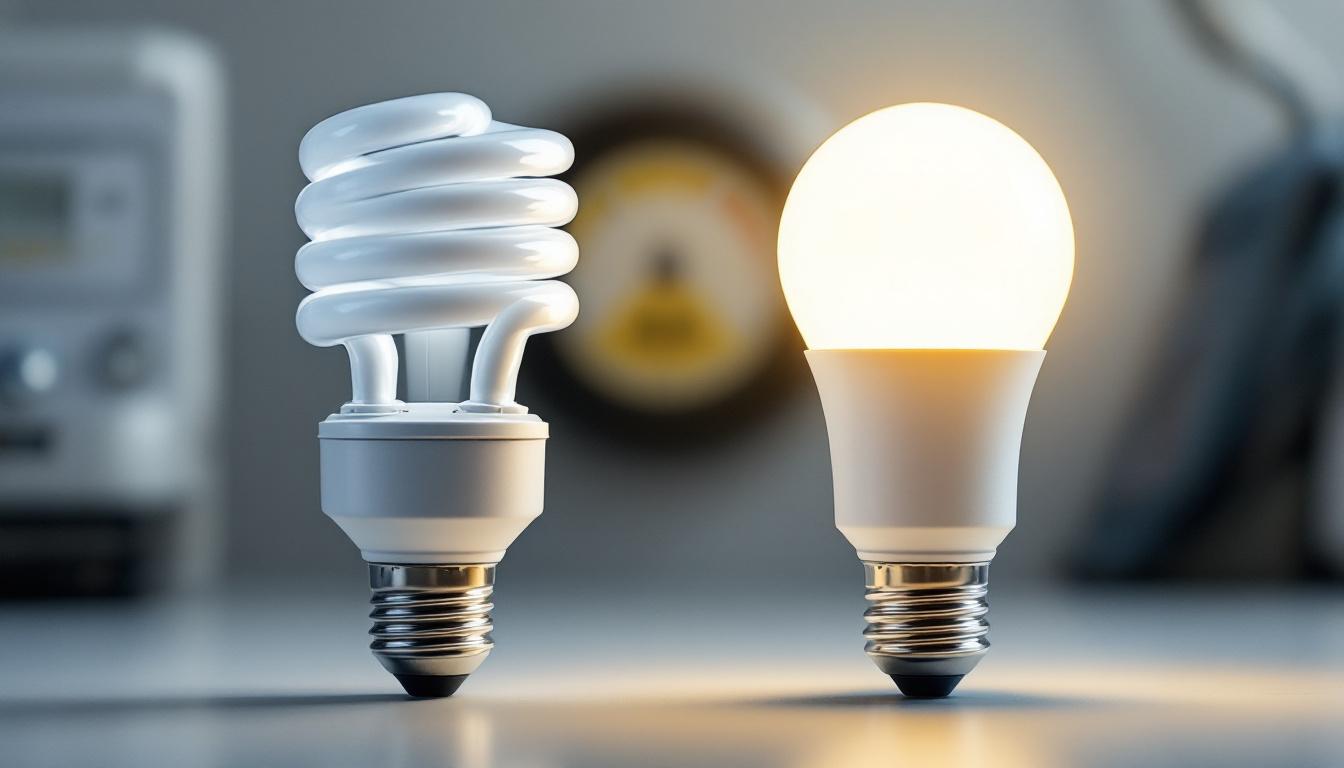 A photograph of a side-by-side comparison of a compact fluorescent bulb and an led bulb