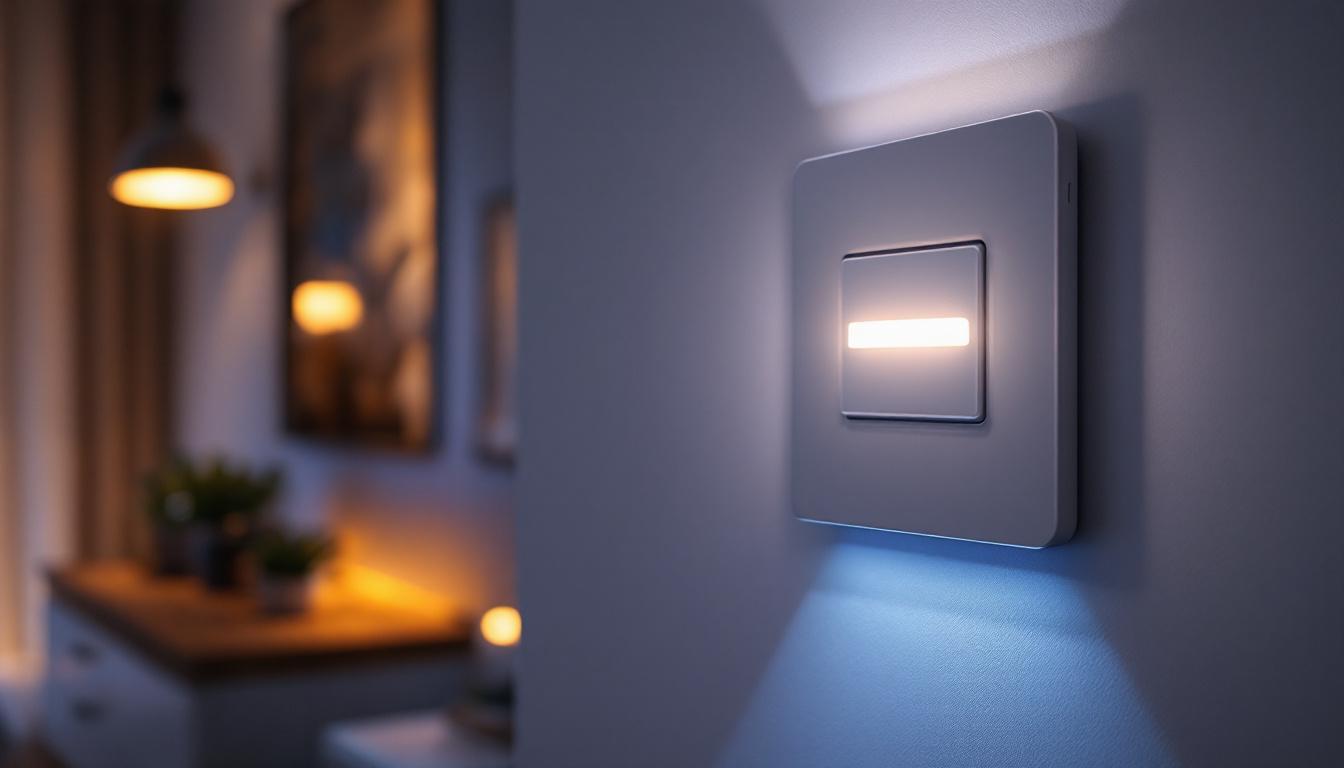 A photograph of a modern led light wall switch installed in a stylish home setting