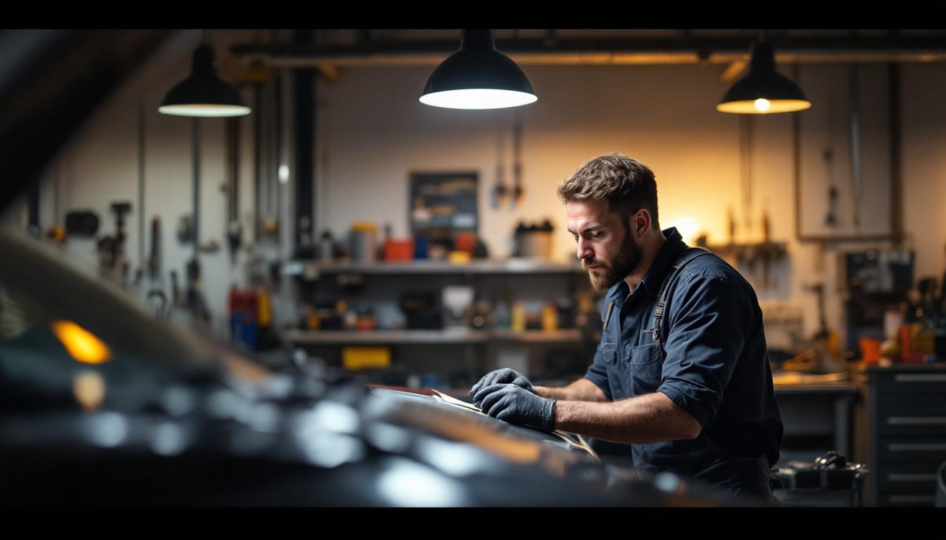 A photograph of a well-lit auto mechanic's workshop