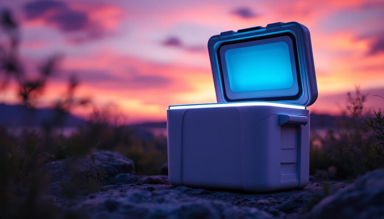 A photograph of a stylish cooler equipped with integrated lighting