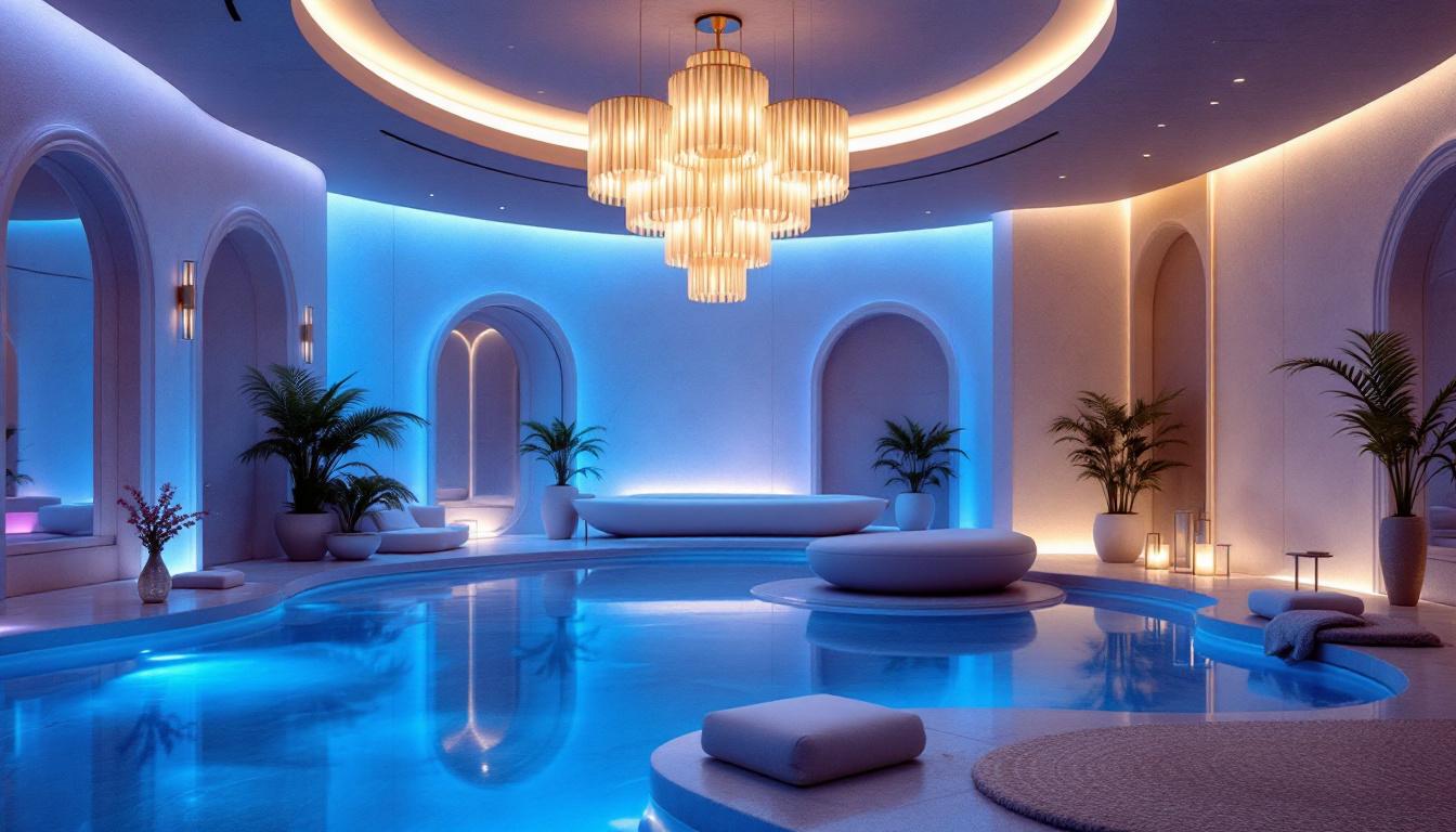 A photograph of a luxurious spa setting featuring an elegant chandelier