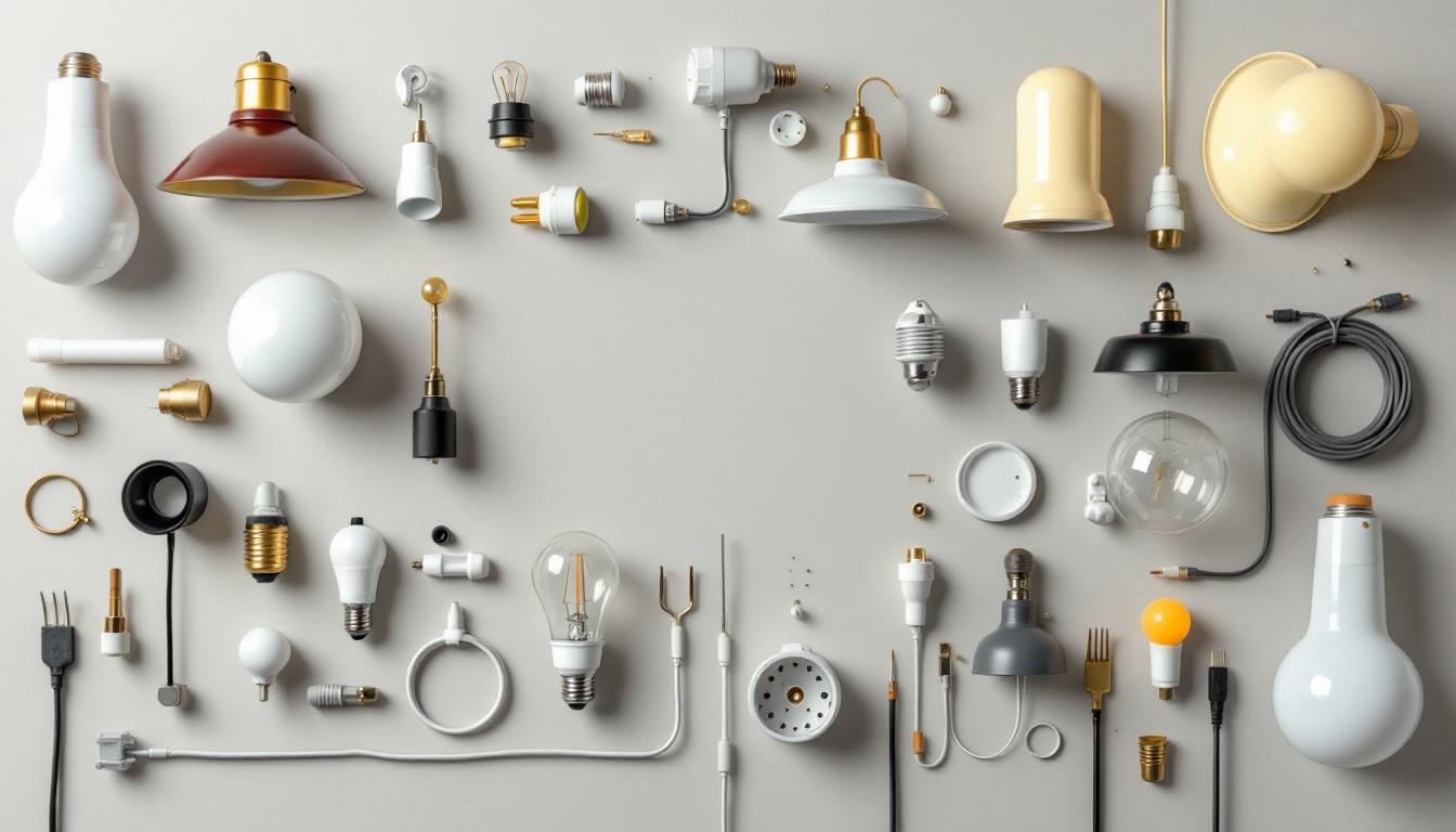 A photograph of a well-organized arrangement of various light fixture parts