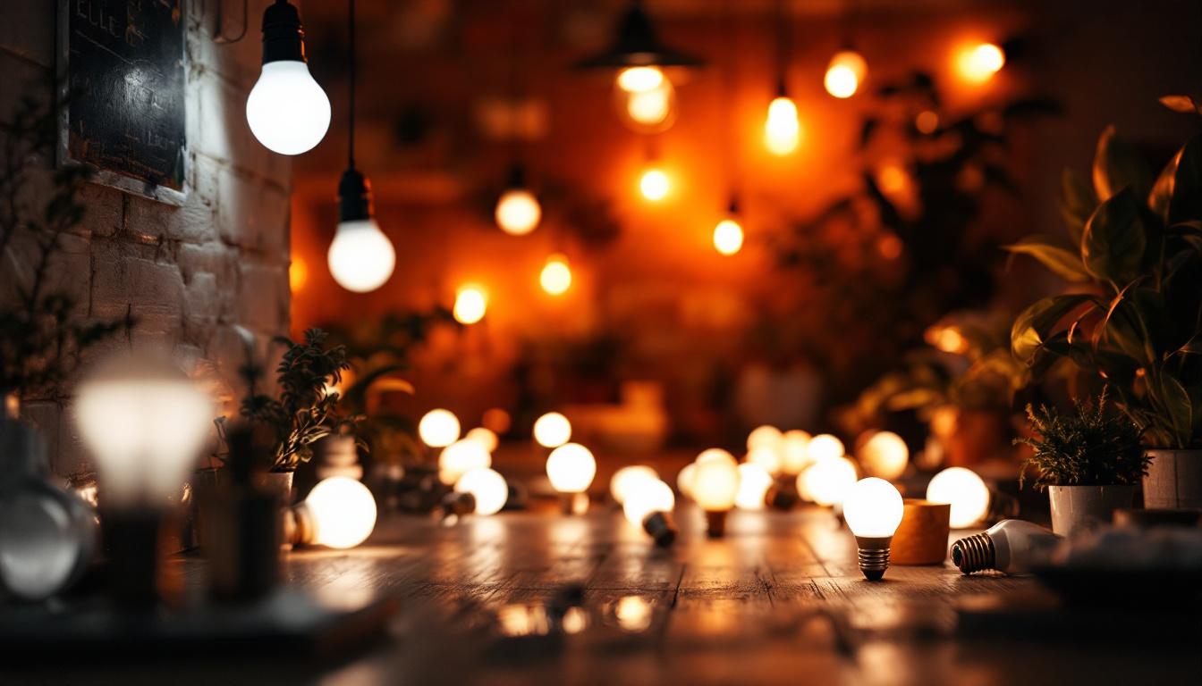 A photograph of a brightly lit room showcasing various ultra bright light bulbs in use