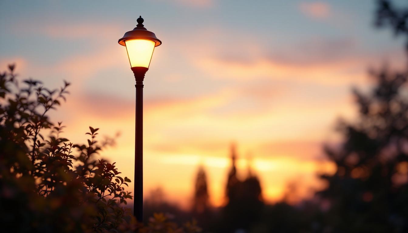 A photograph of a solar light bulb illuminating an elegant outdoor lamp post in a picturesque garden setting during twilight