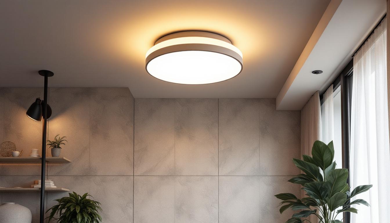 A photograph of a stylish led flush mount ceiling light fixture installed in a modern interior setting