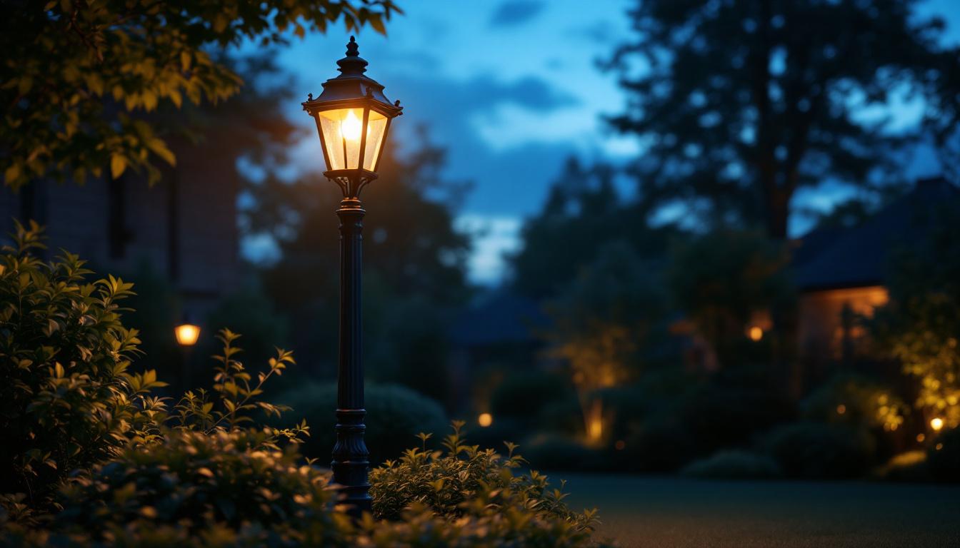 A photograph of a beautifully designed lamp post in a residential yard