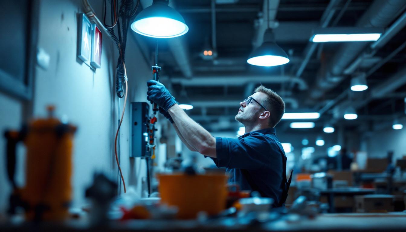A photograph of a skilled electrician carefully installing emergency lighting fixtures in a commercial setting