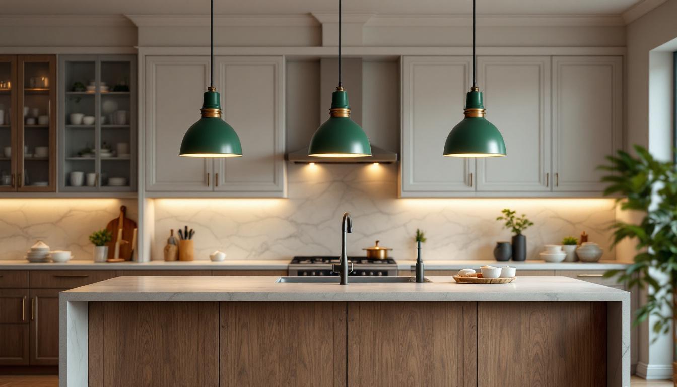 A photograph of a beautifully designed kitchen island featuring elegant green pendant lights