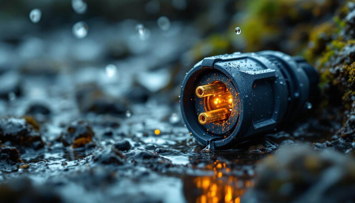A photograph of a close-up of a waterproof electrical plug connector in a rugged outdoor setting