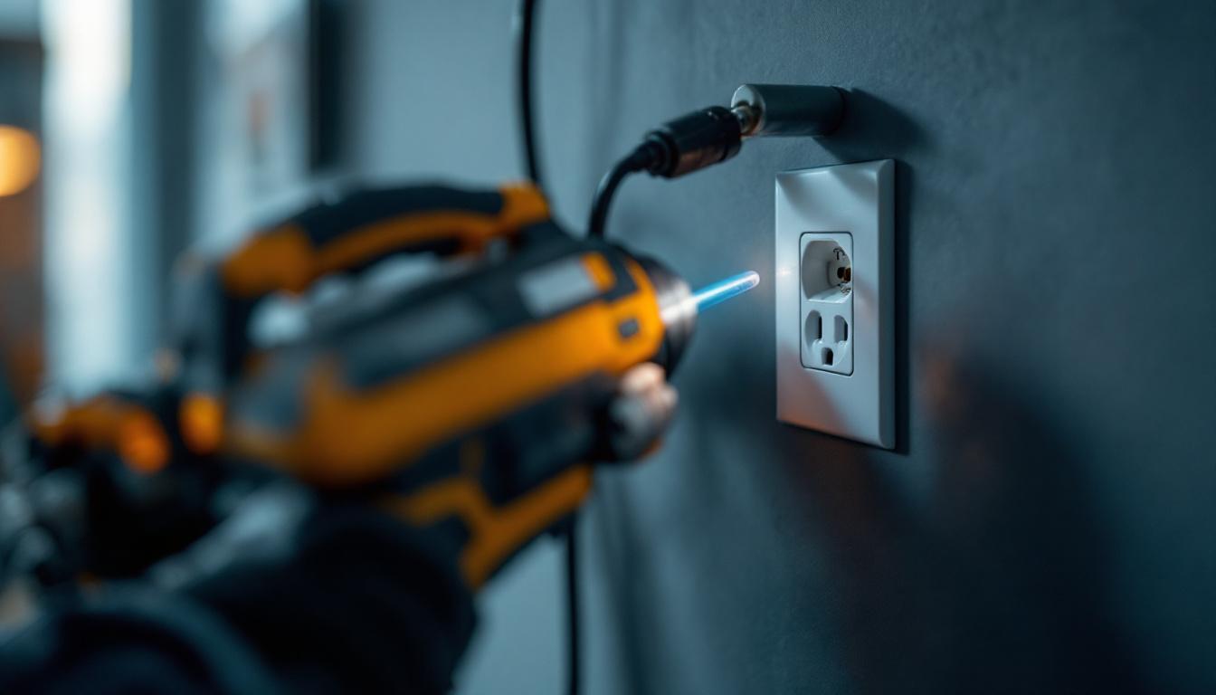A photograph of a close-up of an electrician working on a modern electrical outlet installation