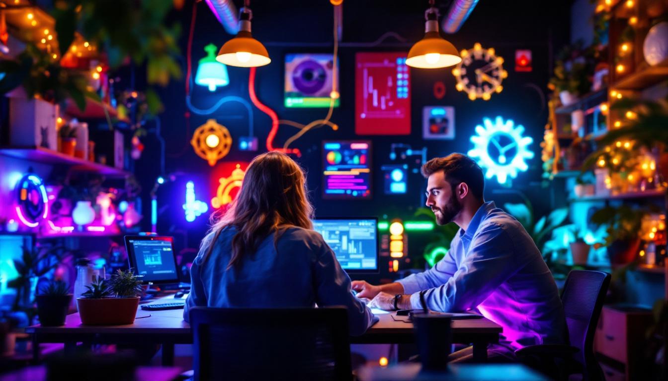 A photograph of a creative workspace featuring engineers collaborating on innovative projects