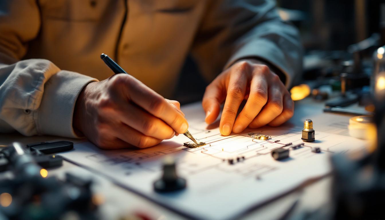A photograph of a close-up of an electrical engineer working on a light bulb strip circuit