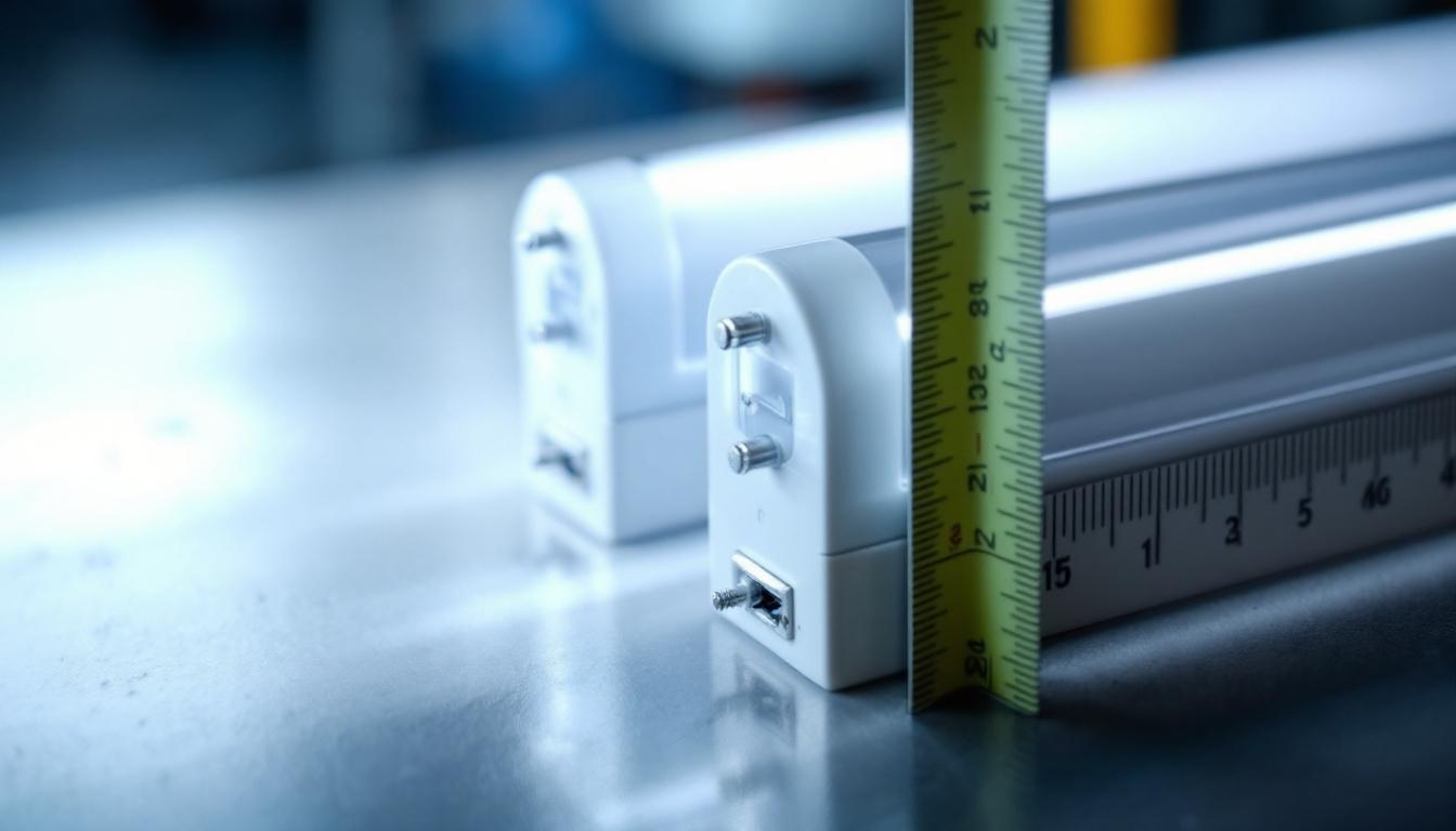A photograph of a close-up view of a t8 fluorescent tube alongside a measuring tape or ruler