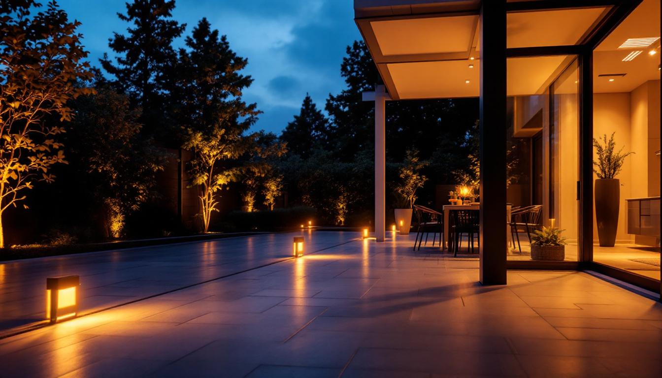 A photograph of a beautifully illuminated outdoor space showcasing dimmable flood lights in action