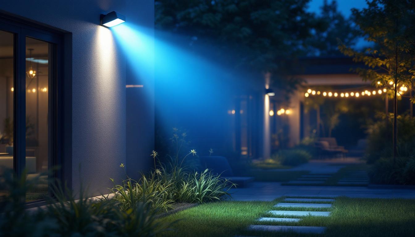 A photograph of a blue floodlight illuminating a modern outdoor space