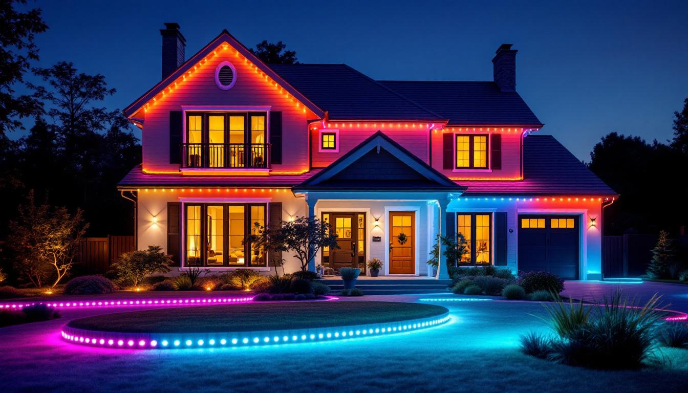A photograph of a beautifully illuminated house showcasing vibrant led strip lights along its exterior