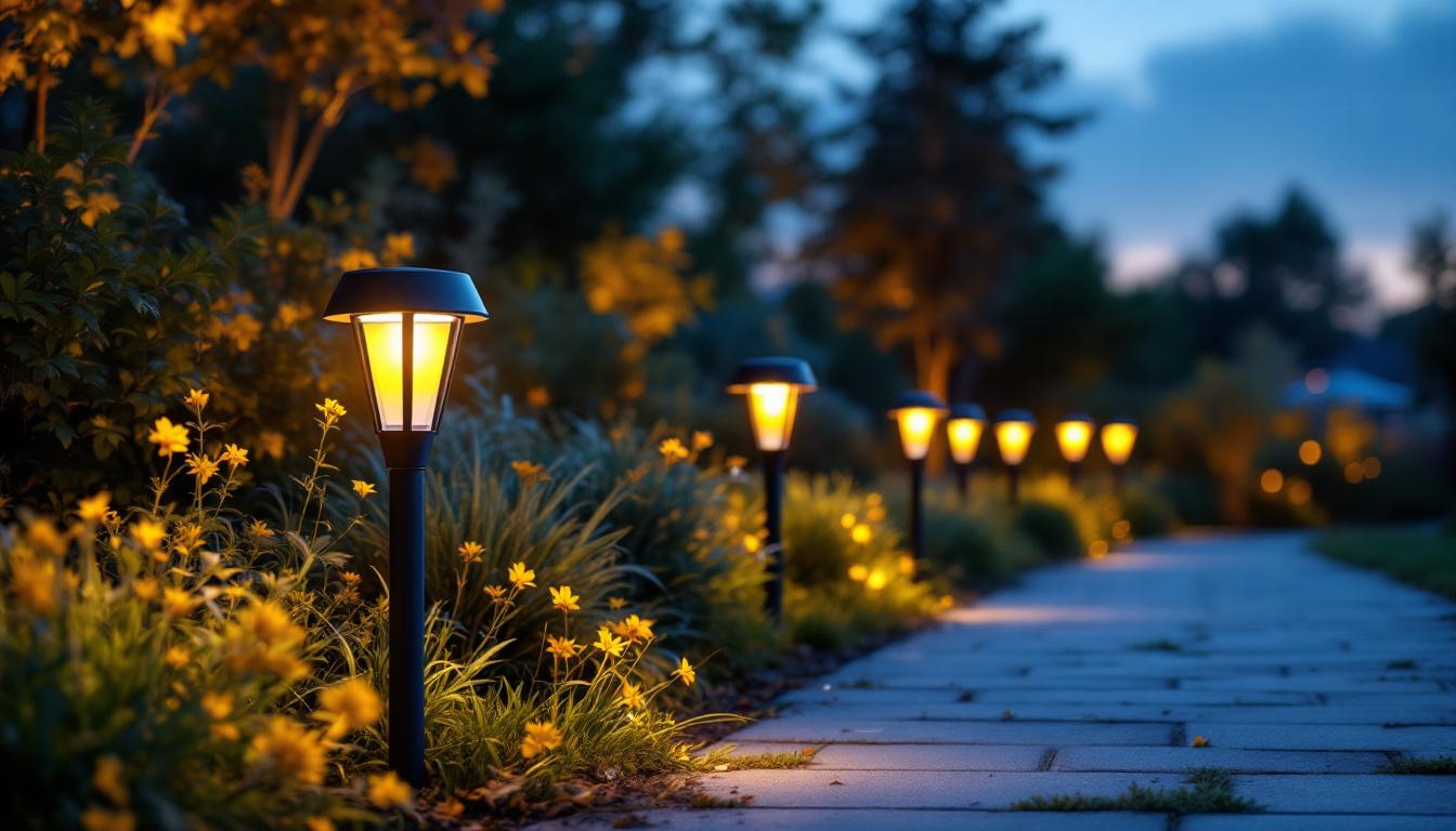 A photograph of a beautifully illuminated outdoor walkway featuring stylish solar lights