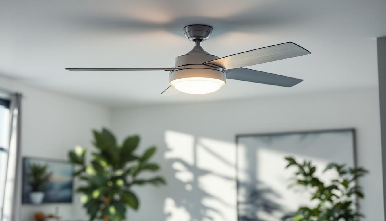 A photograph of a stylish ceiling fan with an integrated light fixture installed in a modern living space