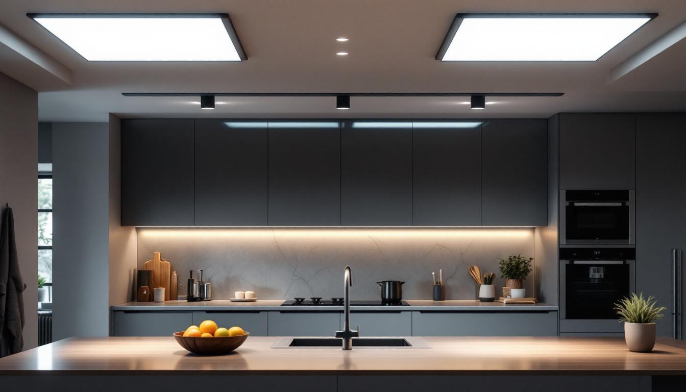 A photograph of a modern kitchen featuring sleek light panels installed in the ceiling
