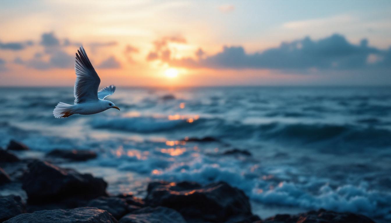 A photograph of a serene coastal scene at dusk