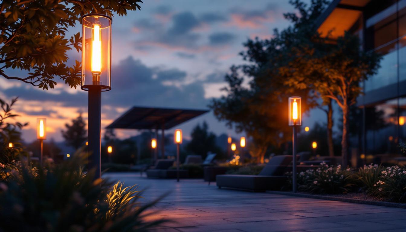 A photograph of a stunning outdoor setting illuminated by large column lights at dusk