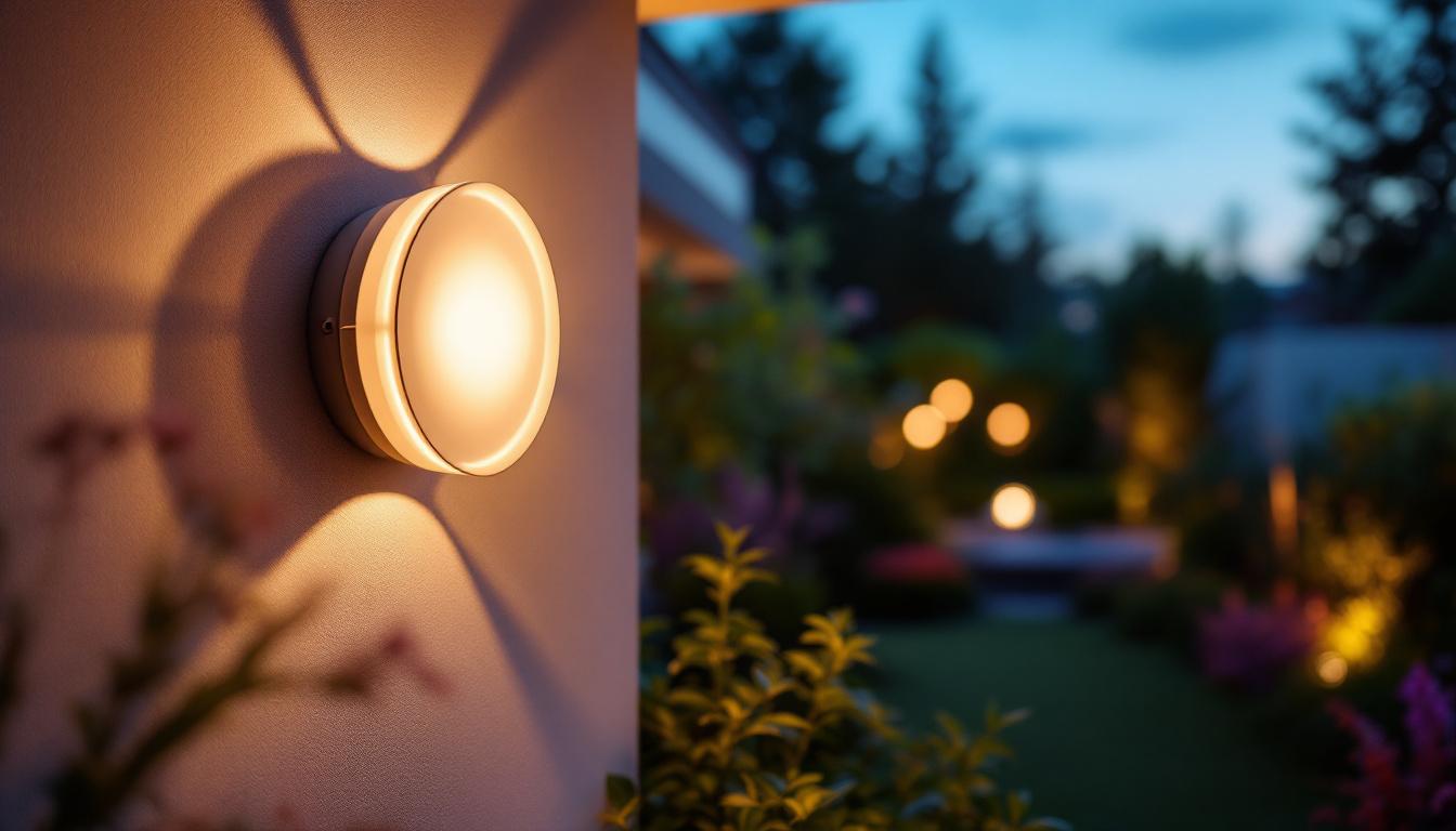A photograph of capture a photograph of a stylish round outdoor light fixture installed in a beautifully landscaped garden or patio setting during twilight