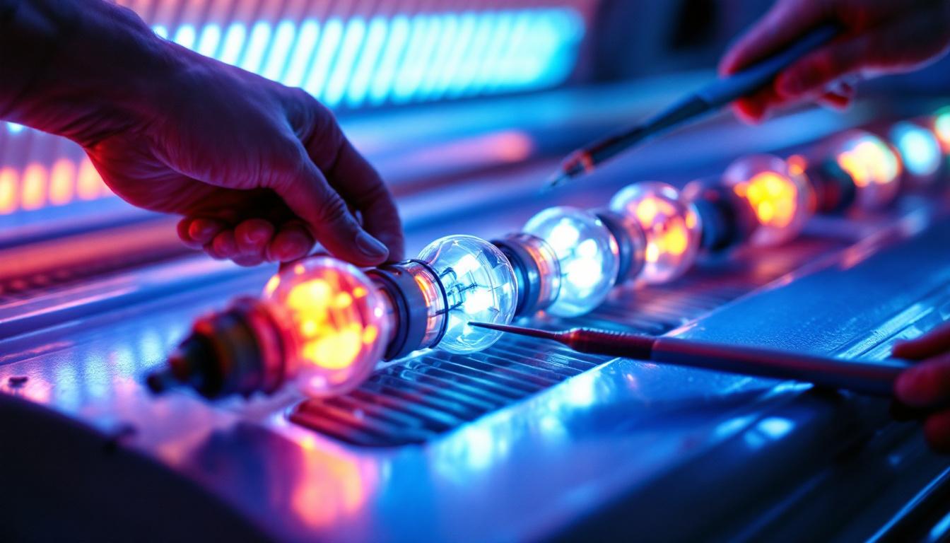 A photograph of a close-up shot of a tanning bed with its bulbs being replaced