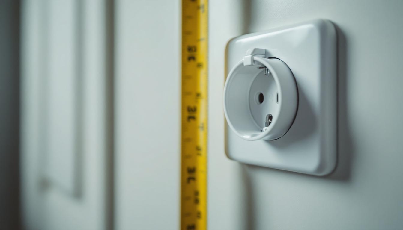 A photograph of a close-up view of an electric wall socket with a measuring tape or ruler positioned next to it