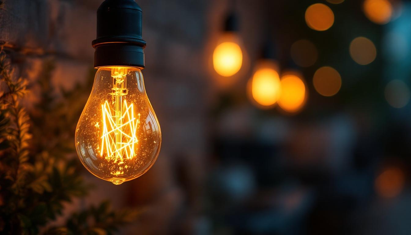 A photograph of a close-up of a flickering light bulb in a cozy indoor setting