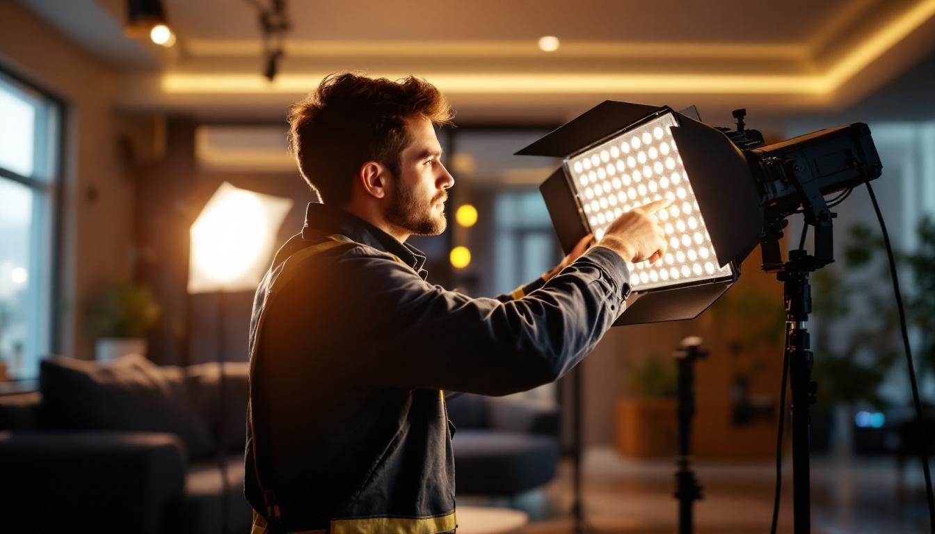 A photograph of a lighting engineer adjusting or inspecting a sophisticated led house lighting setup in a modern interior space