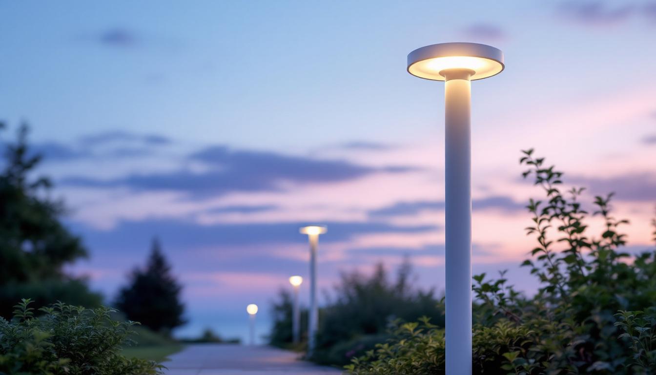 A photograph of a beautifully designed outdoor post light illuminating a garden pathway at dusk