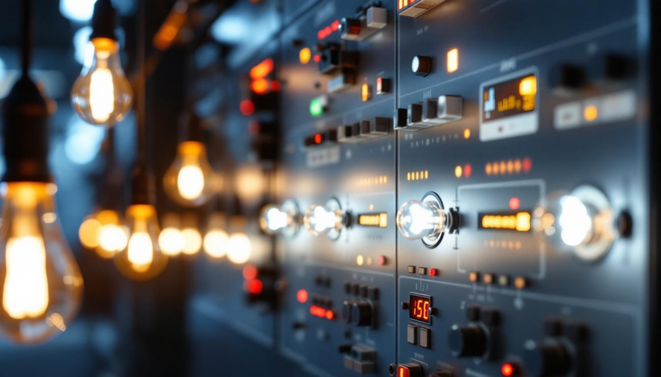 A photograph of a modern lighting control panel showcasing a plc (programmable logic controller) interface
