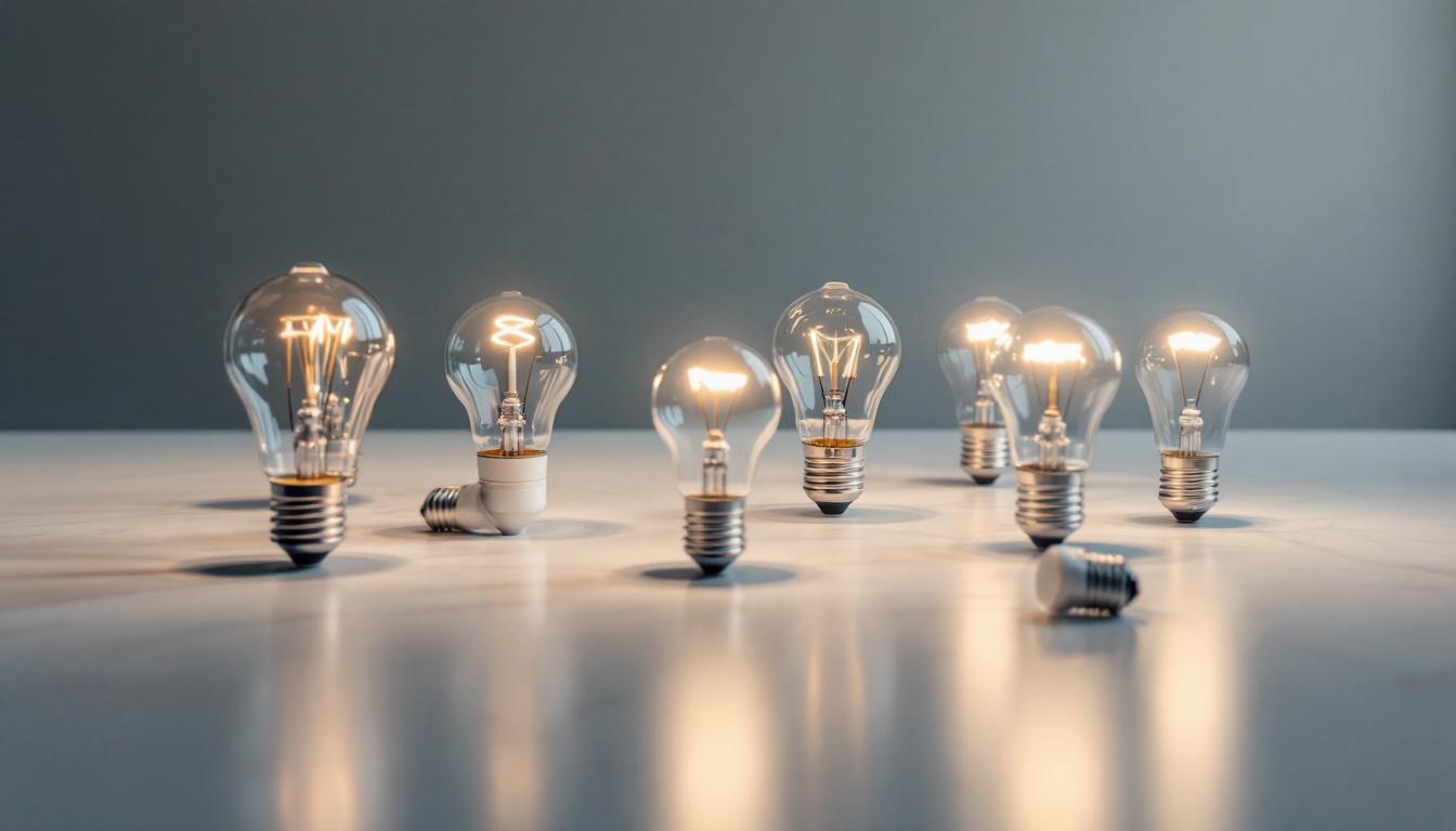 A photograph of a variety of light bulb bases arranged aesthetically on a clean