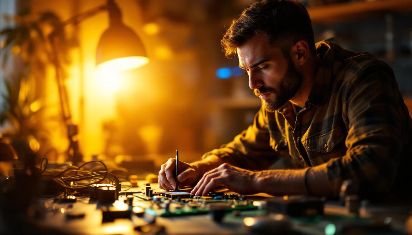 A photograph of a well-lit workspace featuring an electrical engineer examining a circuit board under a warm