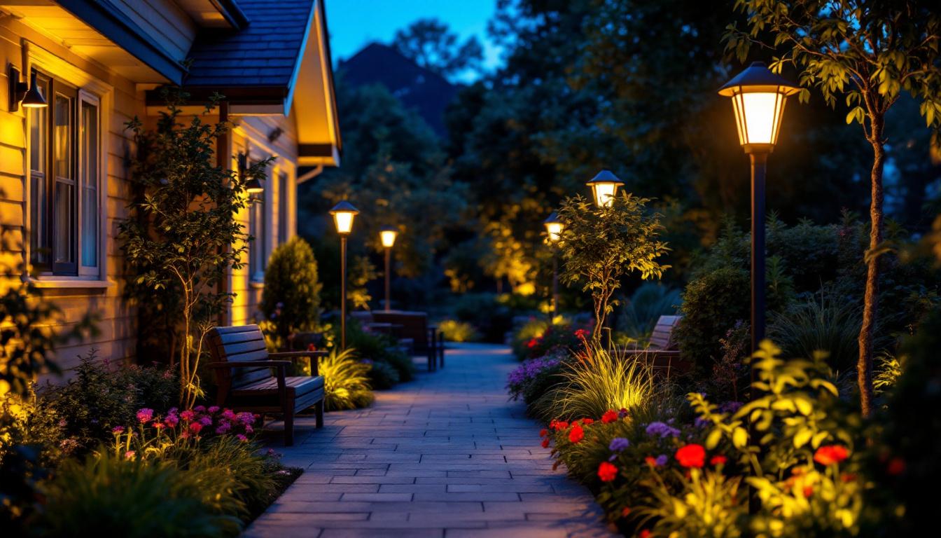 A photograph of a beautifully illuminated outdoor space featuring various solar light fixtures in use