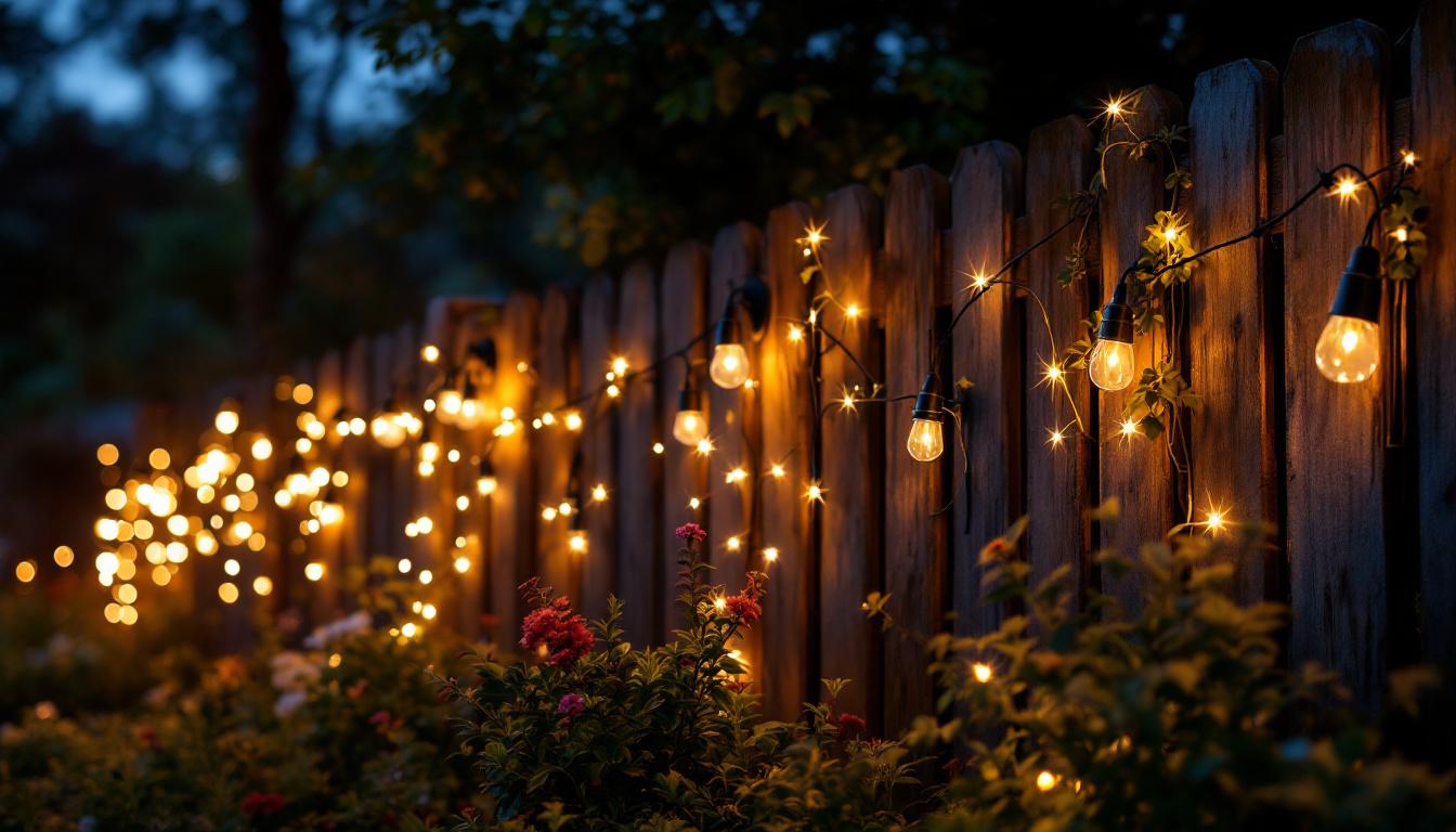 A photograph of a beautifully illuminated garden fence at dusk