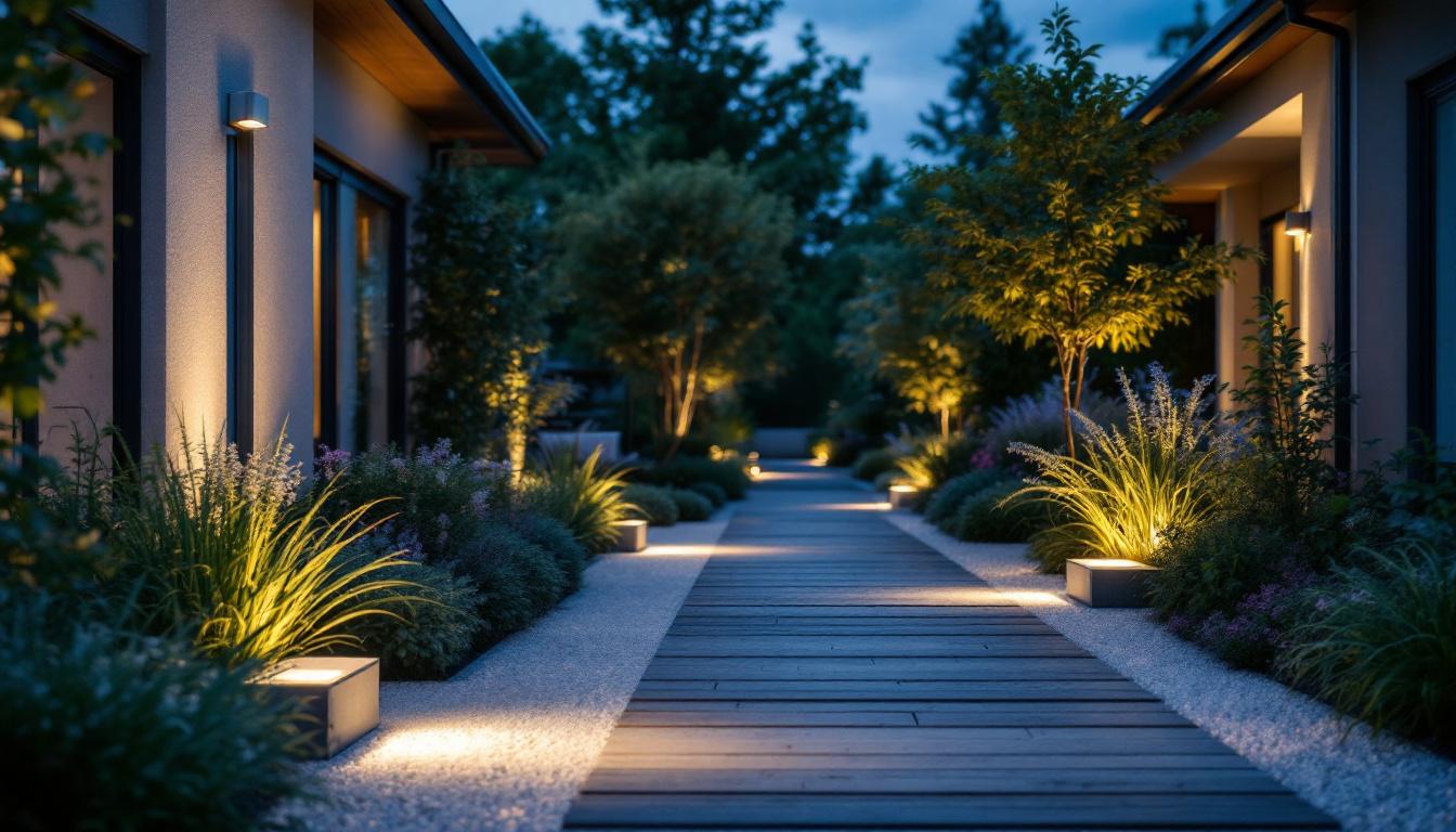 A photograph of a well-lit outdoor space showcasing various led flood lamp fixtures in use