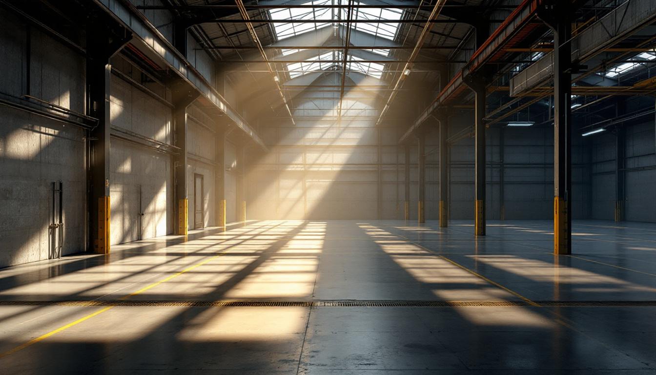 A photograph of a well-lit warehouse interior showcasing contrasting areas of light and shadow